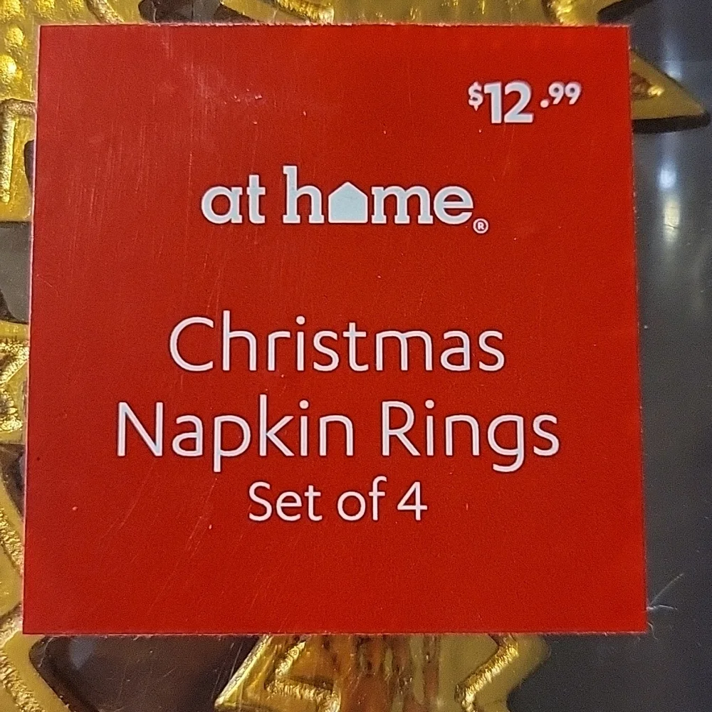 Set Of 4 At Home  Napkin Ring Holders Gold/Brass Colored Christmas Tree Heavy